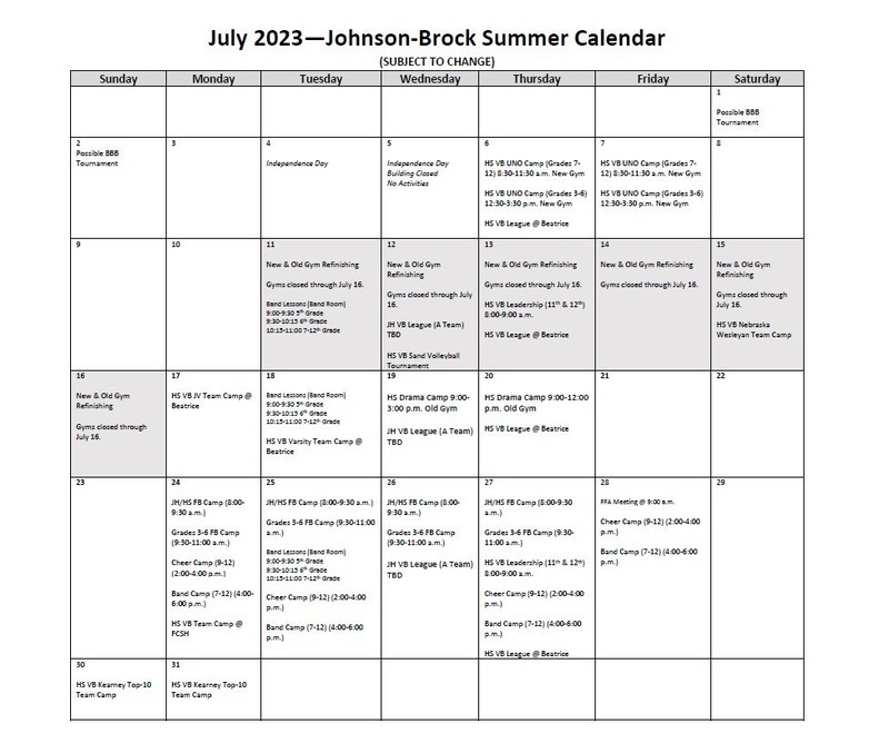 Summer Calendar Johnson Brock Public School